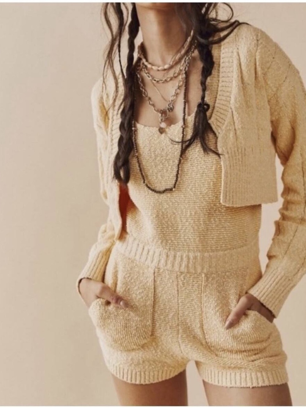 FREE PEOPLE FP Beach Declan Romper Cardigan Sweater Cotton Set Butter Yellow L